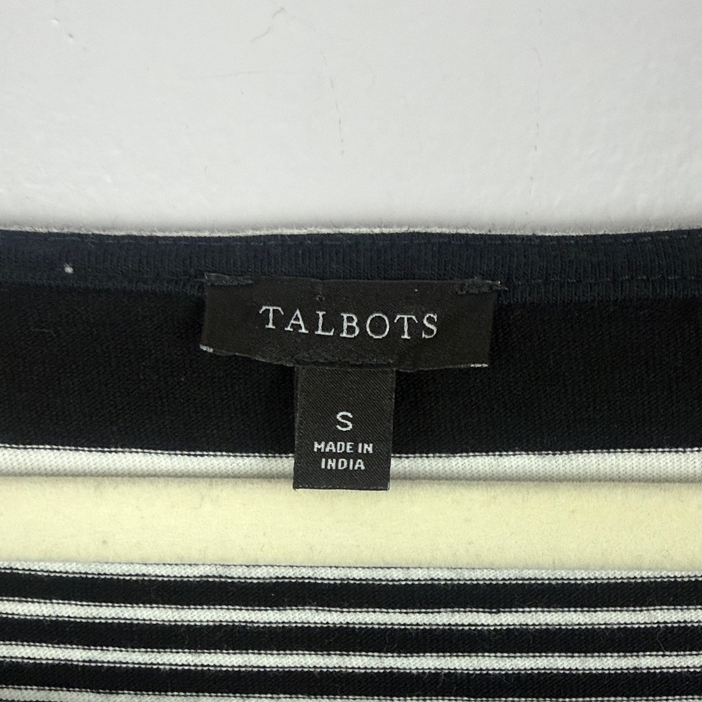 Talbots Cotton Classic Black White Striped Square Neckline 3/4 Sleeve Small Top - Picture 3 of 10